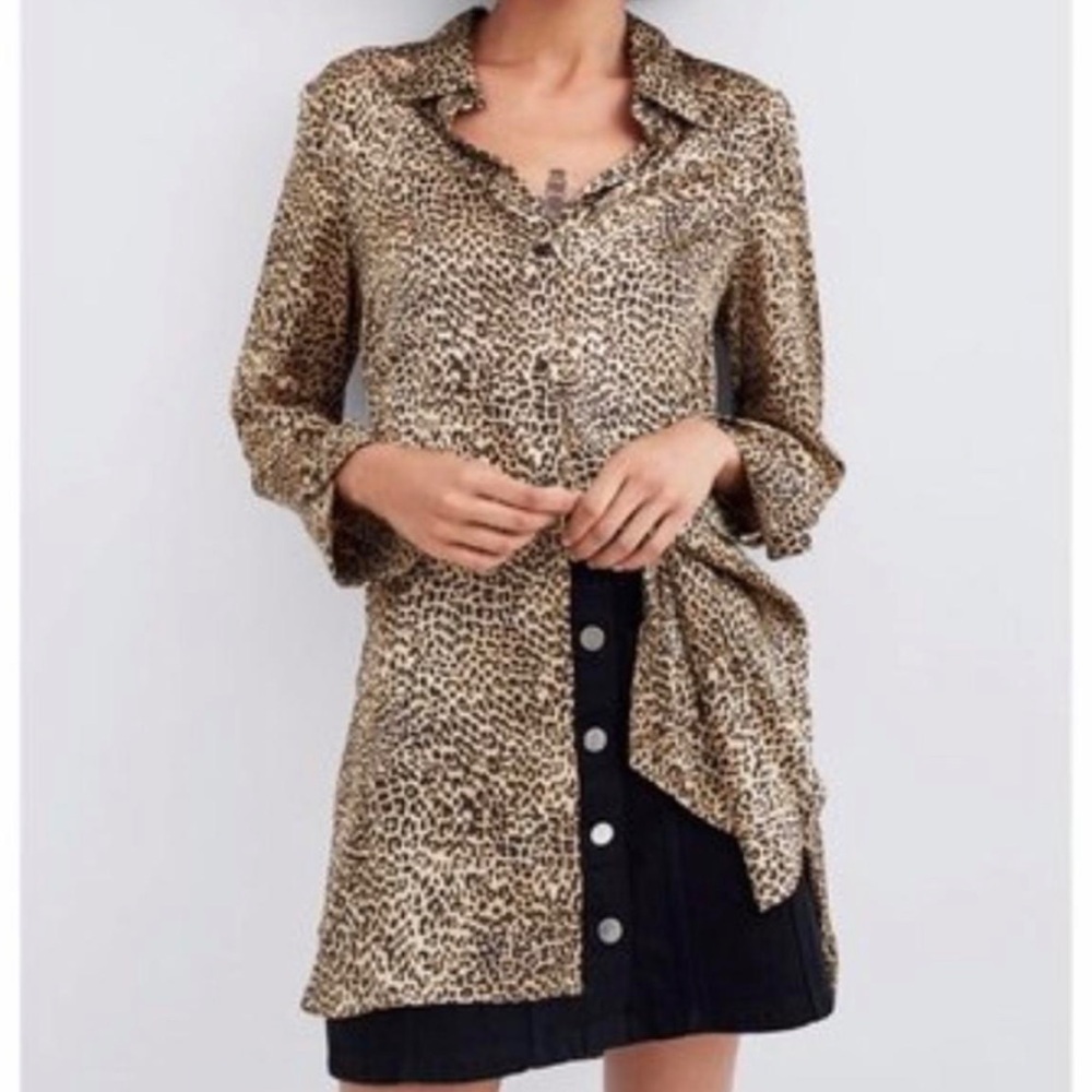 Zara Satin Leopard Print Shirt button down tunic blouse